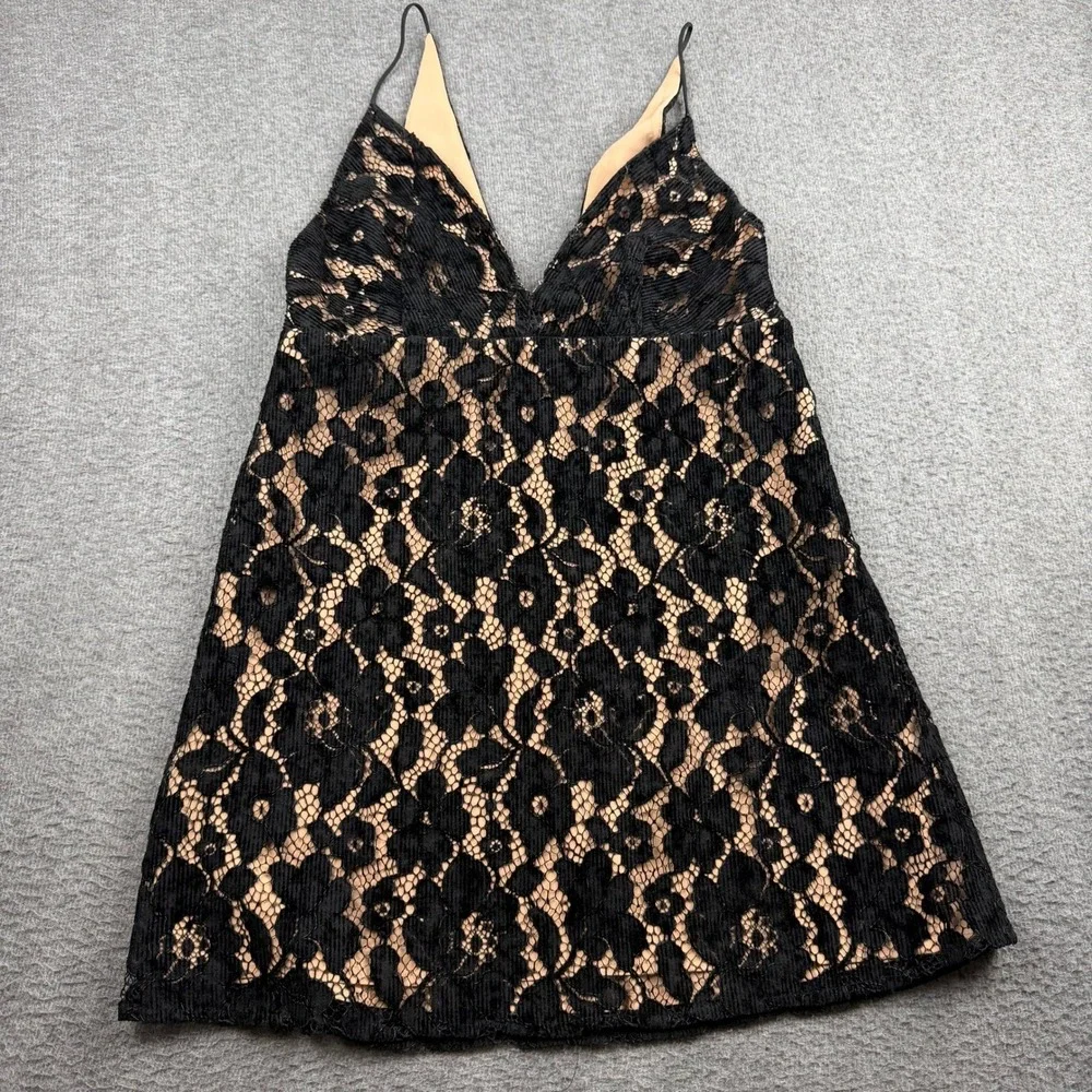 Free People‎ Night Shimmer Lace Mini Dress Black Nude V-Neck OB1085702 Size 6